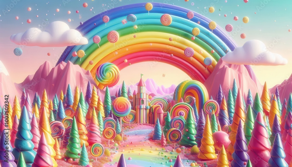 Obraz premium A whimsical, colorful landscape featuring rainbows, candy, and vibrant trees.