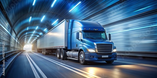 Blue Semi-Truck Speeds Through Tunnel with Bright Lights, Transportation ,Logistics