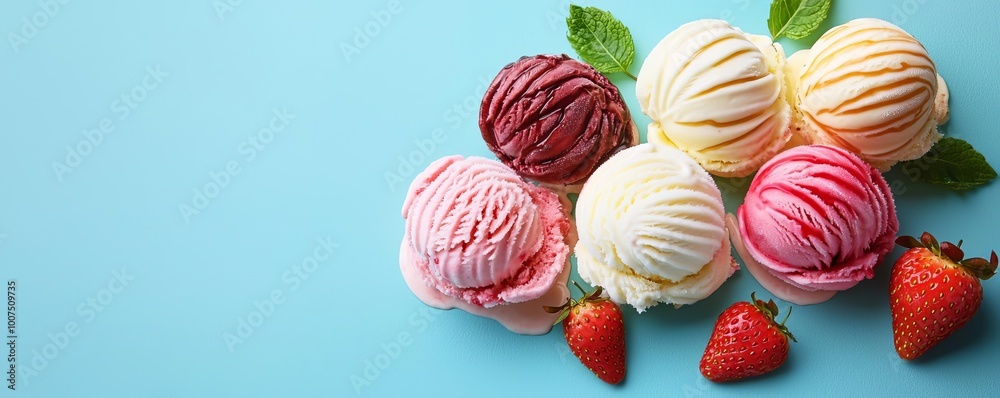 Summer desserts beautifully arranged ice cream scoops, cool tones, additional toppings like cookies Summer desserts beautifully arranged ice cream scoops, cool tones, additional toppings like cookies