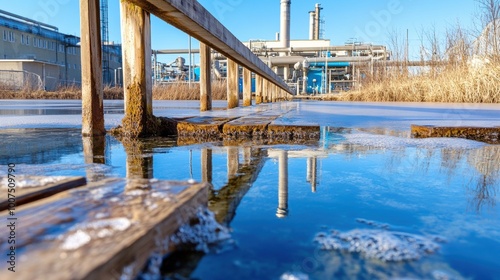 Reflective Industrial Cityscape with Metal Bridge and Factory