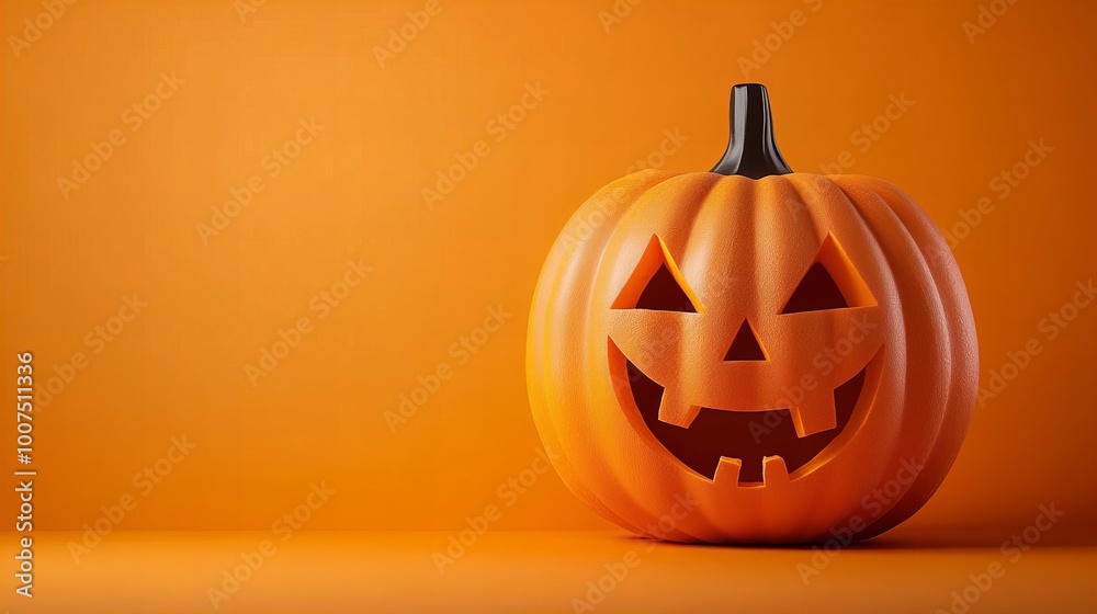 A carved pumpkin with a spooky grin sits against an orange background. A carved pumpkin with a spooky grin sits against an orange background.