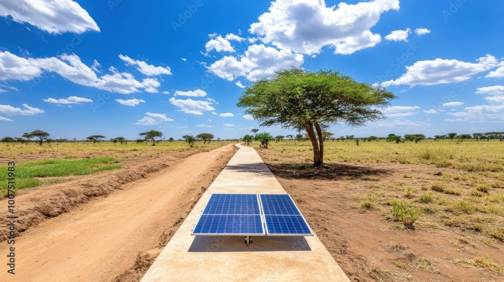 Solar Energy Farm in Scenic Rural Landscape with Dirt Road and Tree