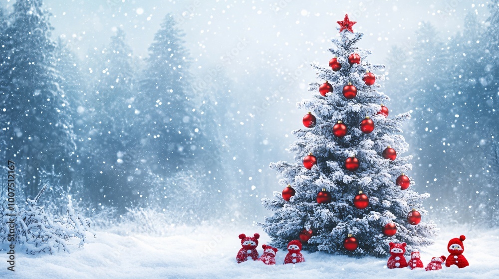 Obraz premium Decorated Christmas Tree in a Snowy Forest with Snowmen