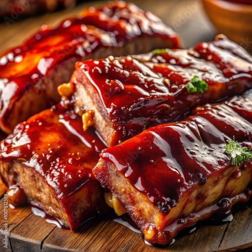 Close-Up of Glazed Ribs on Wooden Board, BBQ , Ribs