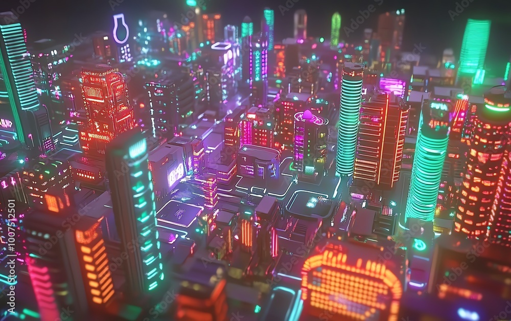 Obraz premium High-angle view, vibrant cityscape, animals interacting with futuristic technologies, glowing neon lights, bustling urban life