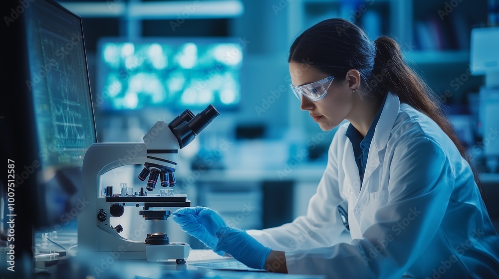 A scientist in a lab examines samples under a microscope during evening research hours A scientist in a lab examines samples under a microscope during evening research hours