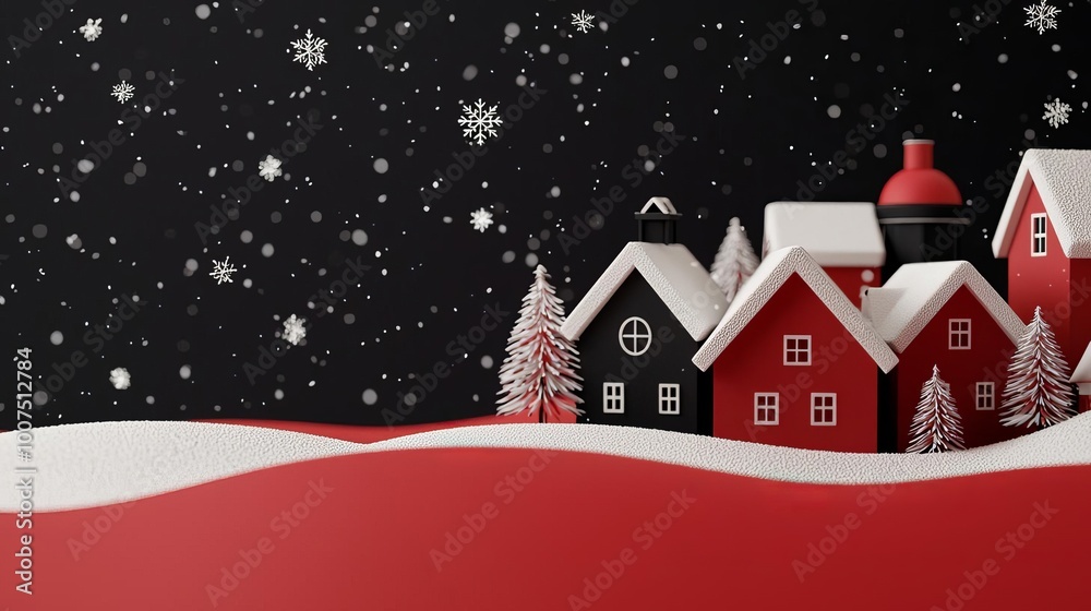 Naklejka premium Festive winter village scene with snowflakes and colorful houses on a dark background.