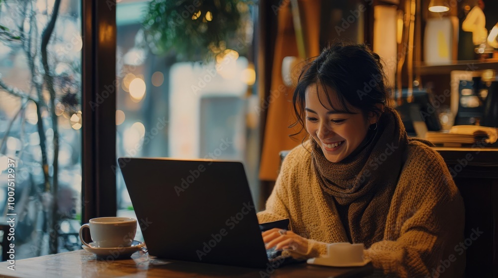 Freelancer working from a cozy cafe, smiling softly at their laptop, feeling content with remote work freedom. Freelancer working from a cozy cafe, smiling softly at their laptop, feeling content with remote work freedom.