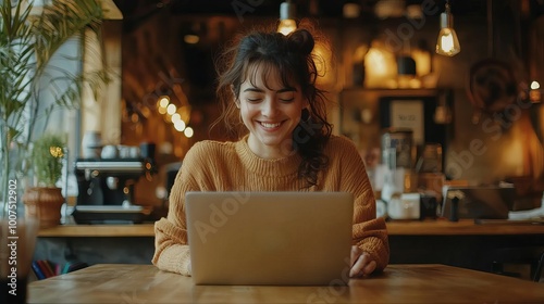 Freelancer working from a cozy cafe, smiling softly at their laptop, feeling content with remote work freedom.