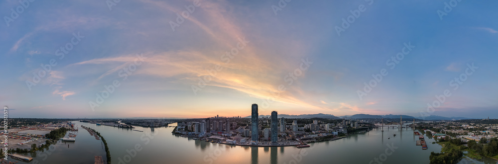 Scenic Sunset Panorama of New Westminster Skyline in Vancouver, BC, Canada Scenic Sunset Panorama of New Westminster Skyline in Vancouver, BC, Canada