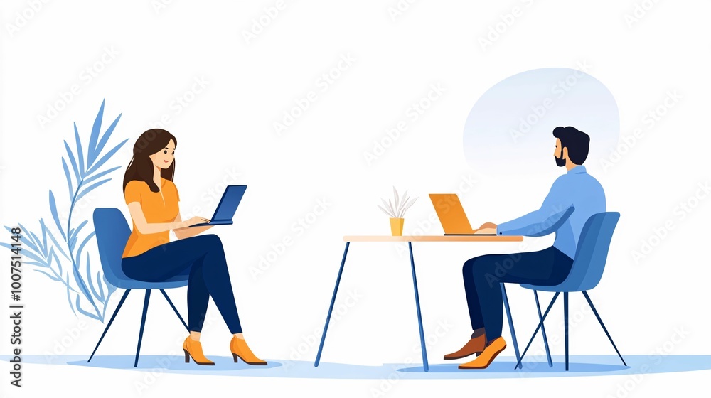 Fototapeta premium Two professionals engaged in conversation at a modern workplace, using laptops and sitting across from each other at a small table, with plants in the background.