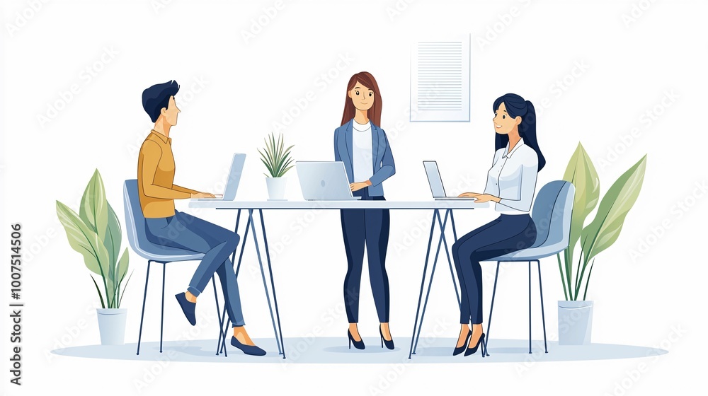 Fototapeta premium A modern office scene featuring three colleagues engaged in a discussion around a table, working on laptops with plants in the background.
