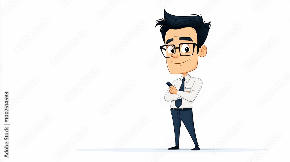 A cartoon character in a business outfit, wearing glasses, standing confidently with a smartphone, projecting professionalism and approachability. A cartoon character in a business outfit, wearing glasses, standing confidently with a smartphone, projecting professionalism and approachability.