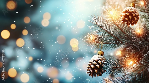 A Snowy Pine Branch Decorated with Golden Pine Cones