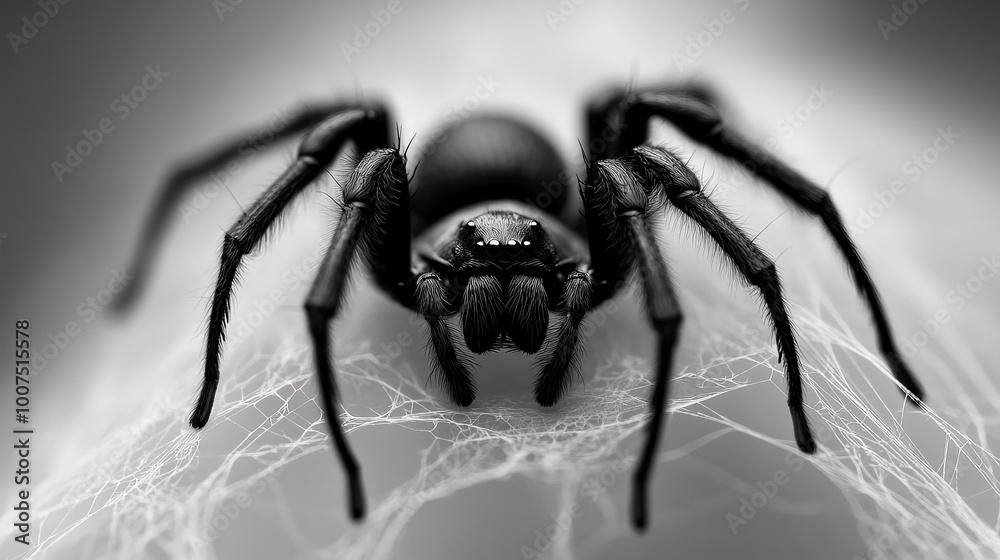 A close-up black and white photo of a spider with hairy legs on its web. A close-up black and white photo of a spider with hairy legs on its web.