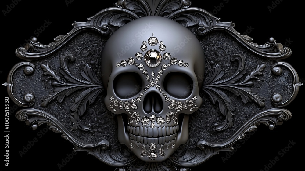 Fototapeta premium A black and white skull adorned with sparkling jewels sits in a ornate frame.