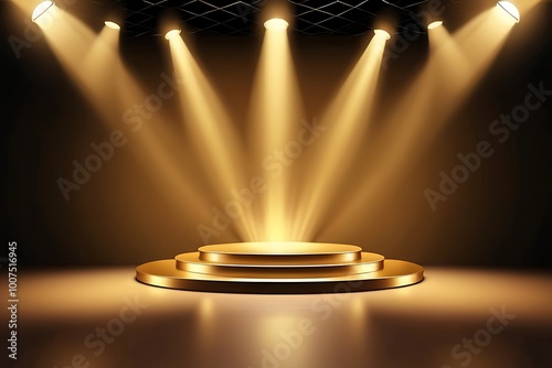Gold background podium award stage light golden win 3D platform. Background luxury gold podium winner ceremony spotlight star abstract shine prize champion design victory show product template studio