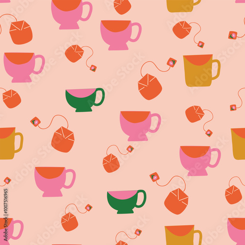Seamless pattern with tea cups, mugs and tea bags on Pink background. Hand drawn cartoon-dishes. Tea Party Vector illustration. Perfect for fabric, wallpaper and children's projects.
