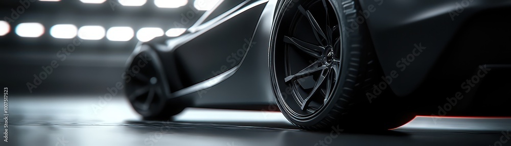 Close-up view of a sleek black sports car wheel in a modern setting with dramatic lighting. Close-up view of a sleek black sports car wheel in a modern setting with dramatic lighting.