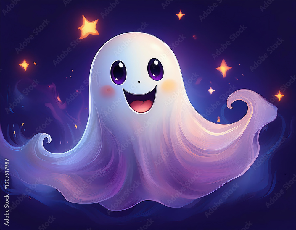 Vector illustration of a funny smiling cartoon ghost on a background of purple night sky with stars Vector illustration of a funny smiling cartoon ghost on a background of purple night sky with stars