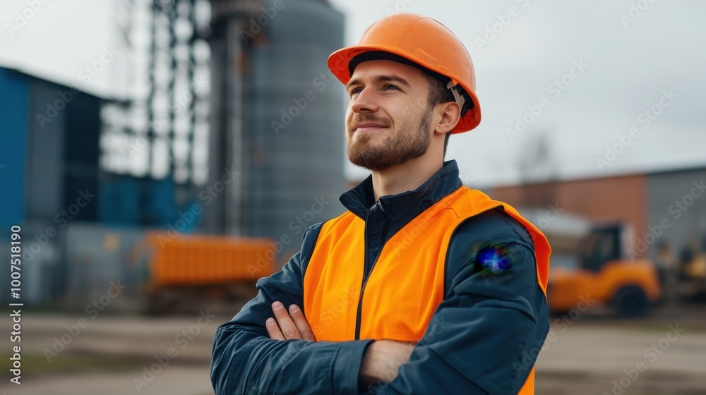 Confident Worker in Safety Gear at Construction Site Confident Worker in Safety Gear at Construction Site