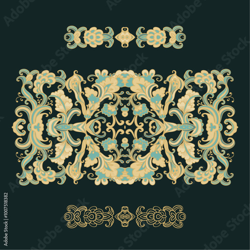 Ornamental golden laced vector floral composition, flourish vignette, on dark background