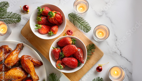 Happy Christmas!
Fir tree leaves, candles, strawberries, and grilled chicken