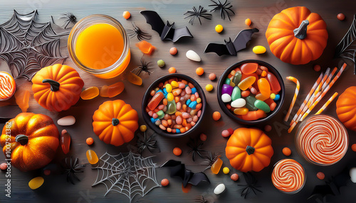 Happy Halloween!
Pumpkins, colorful candies, bats, spiders, spider webs, pumpkin juice