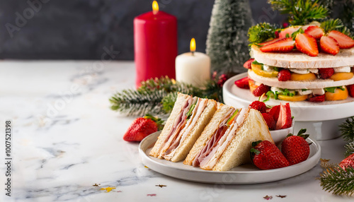 Happy Christmas!
Fir tree leaves, candles, strawberries, clubhouse sandwich, and half-made cake
