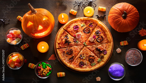 happy halloween！Candles, pumpkins, pizza, candy, spiders