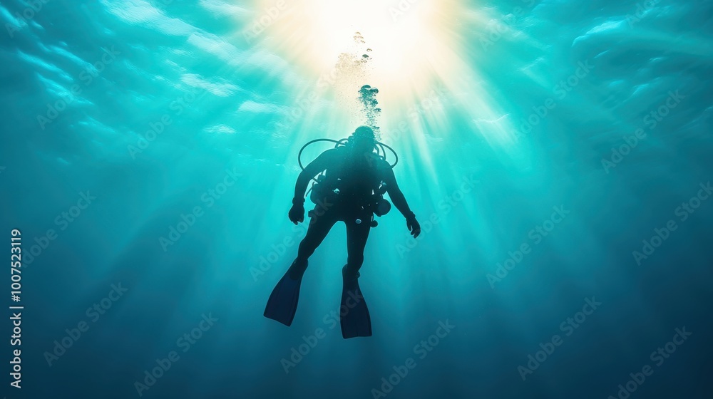 A silhouetted scuba diver moves gracefully beneath the water's surface, where rays of sunlight penetrate, creating a captivating and mystical underwater scene.
