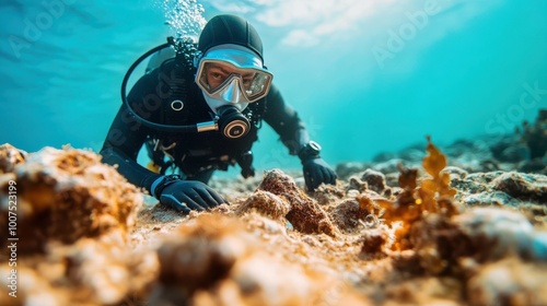 Wallpaper Mural A scuba diver immersed in marine exploration, closely examining colorful corals and marine life on the ocean floor, showcasing underwater adventure and nature discovery. Torontodigital.ca