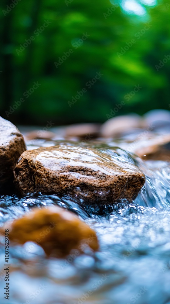 Close-up of a clear stream flowing over smooth, brown rocks. The background is a blurred out forest. Close-up of a clear stream flowing over smooth, brown rocks. The background is a blurred out forest.