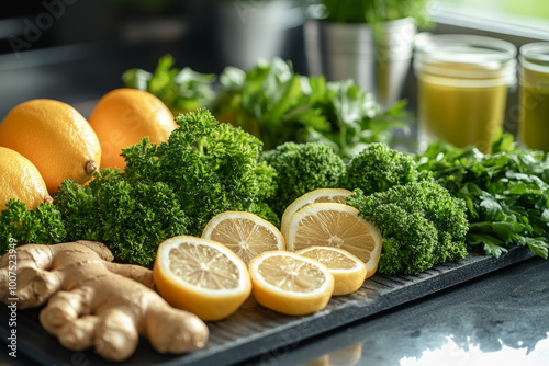 A tray of fruits and vegetables including oranges, lemons, and parsley