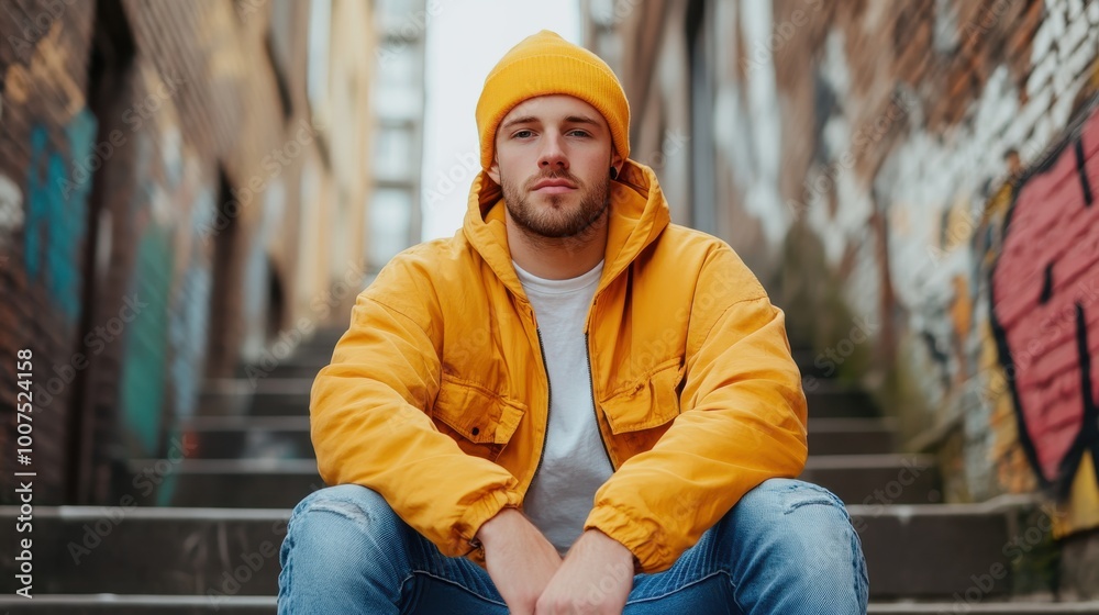 A man in a bright orange jacket and beanie sits on steps in a grungy alley, surrounded by artistic graffiti, embodying bold street fashion and attitude. A man in a bright orange jacket and beanie sits on steps in a grungy alley, surrounded by artistic graffiti, embodying bold street fashion and attitude.