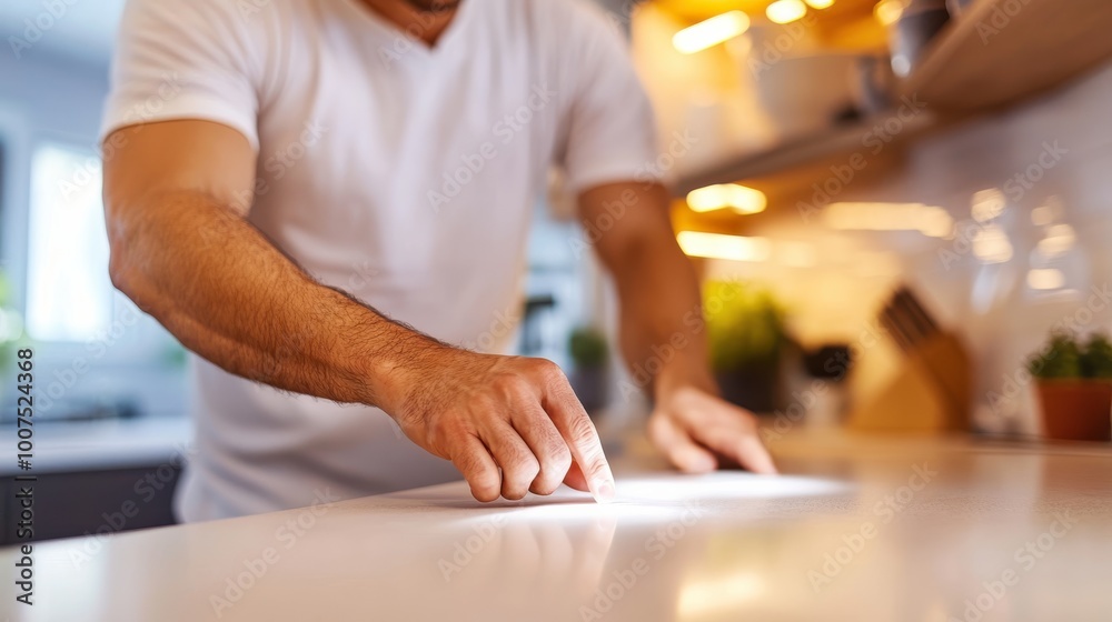 An adult male's hands point at the spotless reflective kitchen counter surface, indicating cleaning or maintenance with defocused warm lighting in the background. An adult male's hands point at the spotless reflective kitchen counter surface, indicating cleaning or maintenance with defocused warm lighting in the background.
