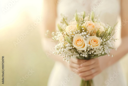 A bride holding a beautiful wedding bouquet with white roses, perfect for wedding and bridal themes.