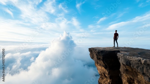 A lone figure stands serenely on a cliff, overlooking an ocean of clouds under a brilliantly clear sky, portraying peace, introspection, and boundless possibilities.