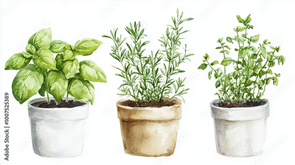 Three potted herbs including basil, rosemary, and mint growing in clay and ceramic containers against a light background Three potted herbs including basil, rosemary, and mint growing in clay and ceramic containers against a light background