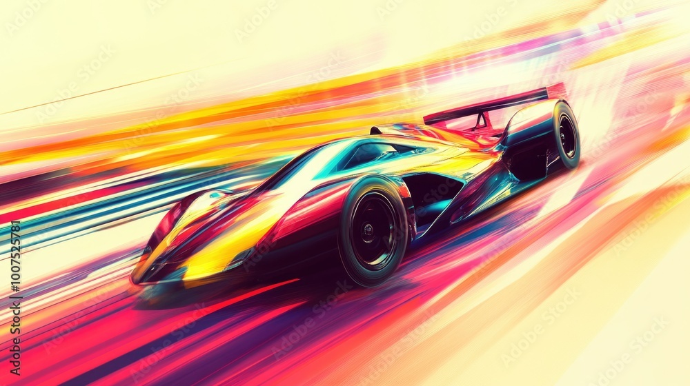 Futuristic race car with vibrant colors speeding on track, motorsport concept Futuristic race car with vibrant colors speeding on track, motorsport concept