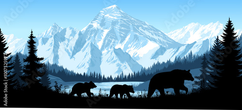 vector mountains forest woodland background with lake and black bear family