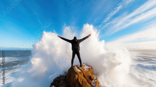 A silhouette of a person standing on a rock with arms wide open, embracing a dynamic ocean wave crashing under a clear blue sky, symbolizing freedom and adventure.