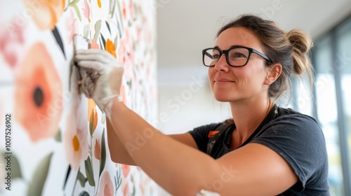 Focused woman in glasses applying floral wallpaper to a wall, symbolizing creativity and attention to detail in home decoration. photo