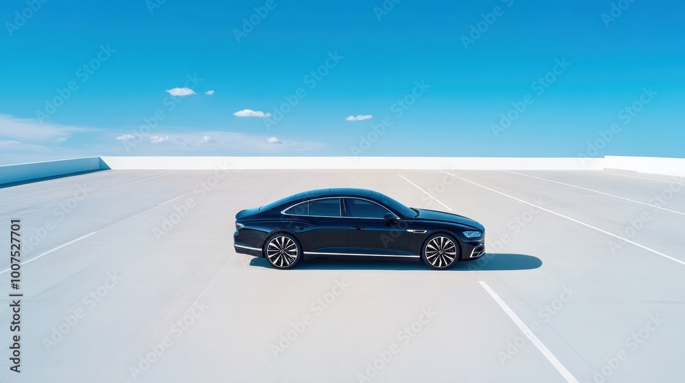 Sleek Black Sedan on Empty Parking Lot Under Bright Sky Sleek Black Sedan on Empty Parking Lot Under Bright Sky