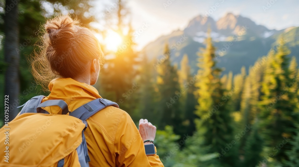 Fototapeta premium An adventurous hiker in an orange jacket and backpack enjoys the breathtaking view of a sunlit forest and mountains, capturing a serene hike's tranquility and natural beauty.