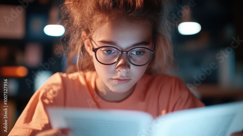 A young girl with glasses is deeply focused on reading a book in a dimly lit room, illustrating concentration and the pursuit of knowledge in a serene setting.