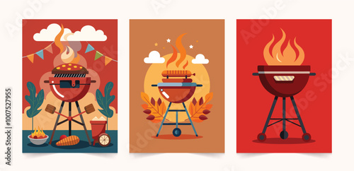 BBQ party time illustration set. Charcoal Grill with Fire Flame Barbecue party. Ideal design for social media, cover, banner, flyer.