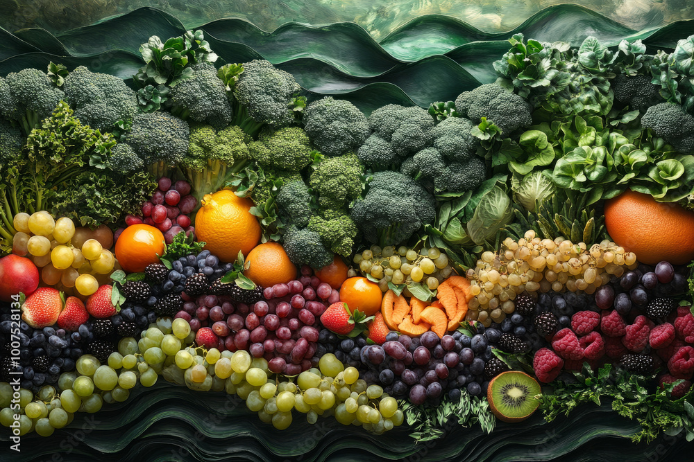 A colorful display of fruits and vegetables, including oranges, apples, grapes A colorful display of fruits and vegetables, including oranges, apples, grapes