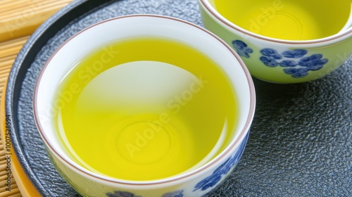 Green japanese tea in elegant floral cups - top view photography for culinary enthusiasts