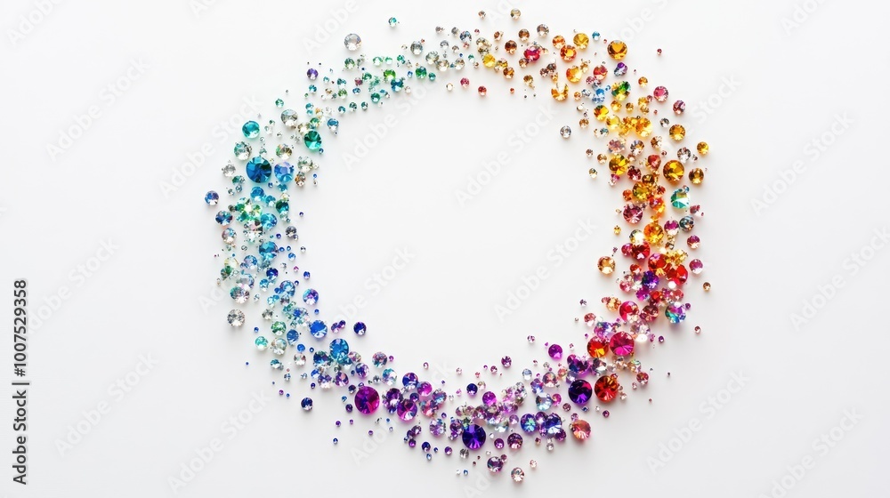 A beautiful circle trail of sparkling gemstones on a clean white backdrop, each gem reflecting light in a stunning, colorful display A beautiful circle trail of sparkling gemstones on a clean white backdrop, each gem reflecting light in a stunning, colorful display